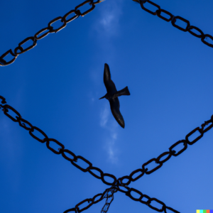 bird flying in a sky made of chains